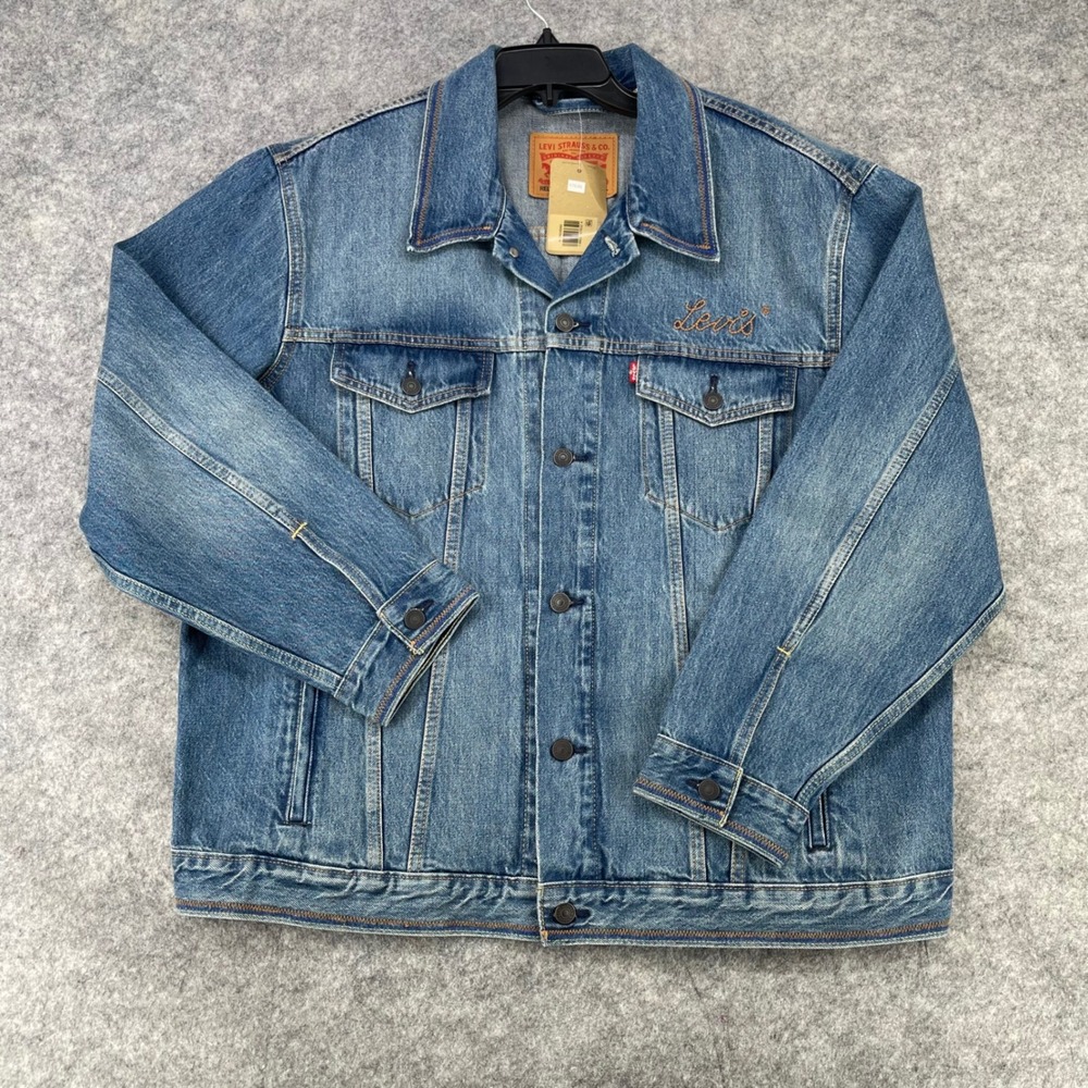 Levi's Trucker Denim Jacket Men‎ XL Blue Relaxed Fit Embroidered Logo A5782-0080
